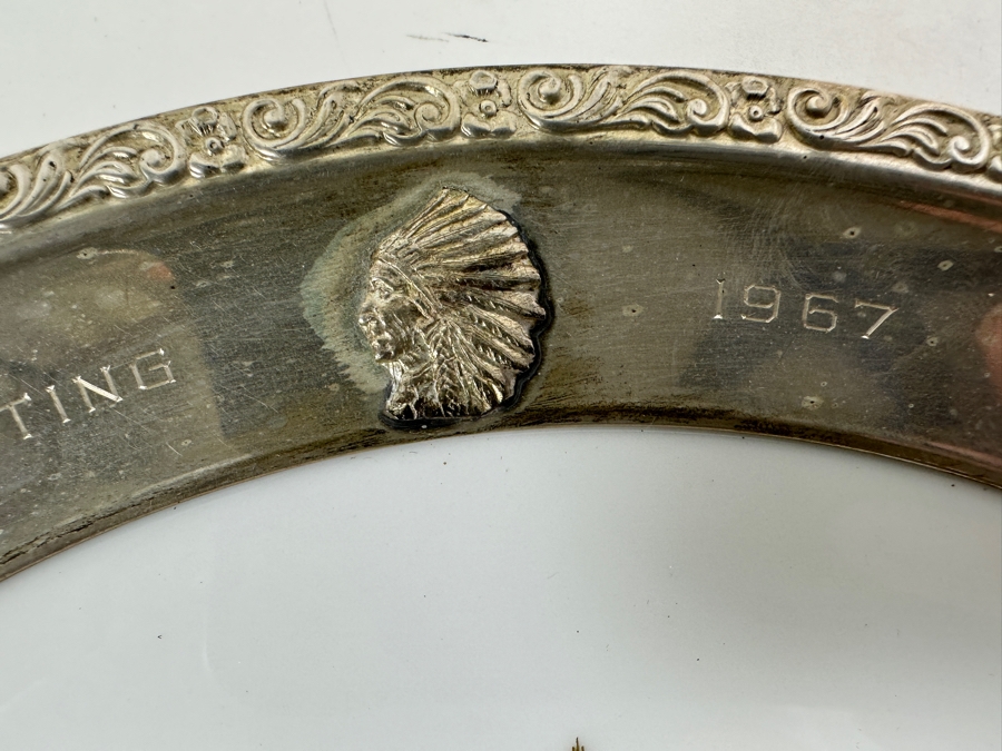Fisher Sterling Silver Rimmed California Indians Trophy Plate Engraved 'Skeet Shooting 1967' Petit Point By Lenox Plate - Plate Weighs Apx 340g (Total Weight 415g) - Apx Sterling Silver Weight Is 75g - Apx Silver Melt Value = $74 [Photo 2]