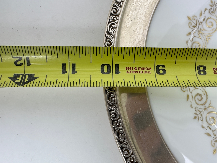 Fisher Sterling Silver Rimmed California Indians Trophy Plate Engraved 'Skeet Shooting 1967' Petit Point By Lenox Plate - Plate Weighs Apx 340g (Total Weight 415g) - Apx Sterling Silver Weight Is 75g - Apx Silver Melt Value = $74 [Photo 6]