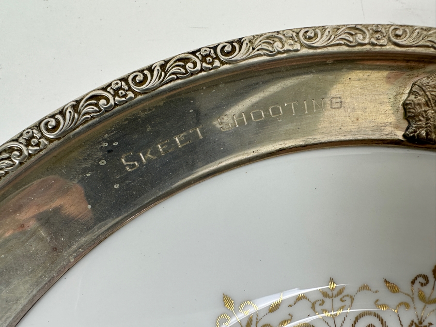 Fisher Sterling Silver Rimmed California Indians Trophy Plate Engraved 'Skeet Shooting 1967' Petit Point By Lenox Plate - Plate Weighs Apx 340g (Total Weight 415g) - Apx Sterling Silver Weight Is 75g - Apx Silver Melt Value = $74 [Photo 3]