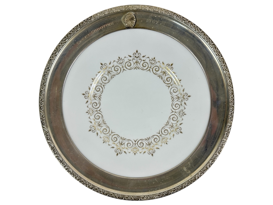 Fisher Sterling Silver Rimmed California Indians Trophy Plate Engraved 'Skeet Shooting 1967' Petit Point By Lenox Plate - Plate Weighs Apx 340g (Total Weight 415g) - Apx Sterling Silver Weight Is 75g - Apx Silver Melt Value = $74 [Photo 1]
