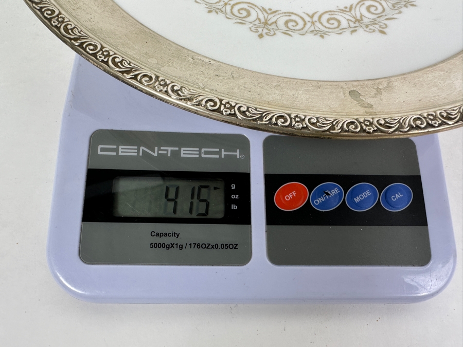 Fisher Sterling Silver Rimmed California Indians Trophy Plate Engraved 'Skeet Shooting 1967' Petit Point By Lenox Plate - Plate Weighs Apx 340g (Total Weight 415g) - Apx Sterling Silver Weight Is 75g - Apx Silver Melt Value = $74 [Photo 7]