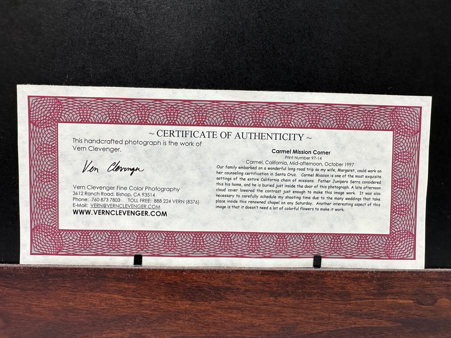 Vern Clevenger Handcrafted Limited Edition Photograph Titled 'Carmel Mission Corner' Numbered 23 Of 500 16 X 12 Framed 29.5 X 25.5 Artist Signed Lower Right [Photo 11]