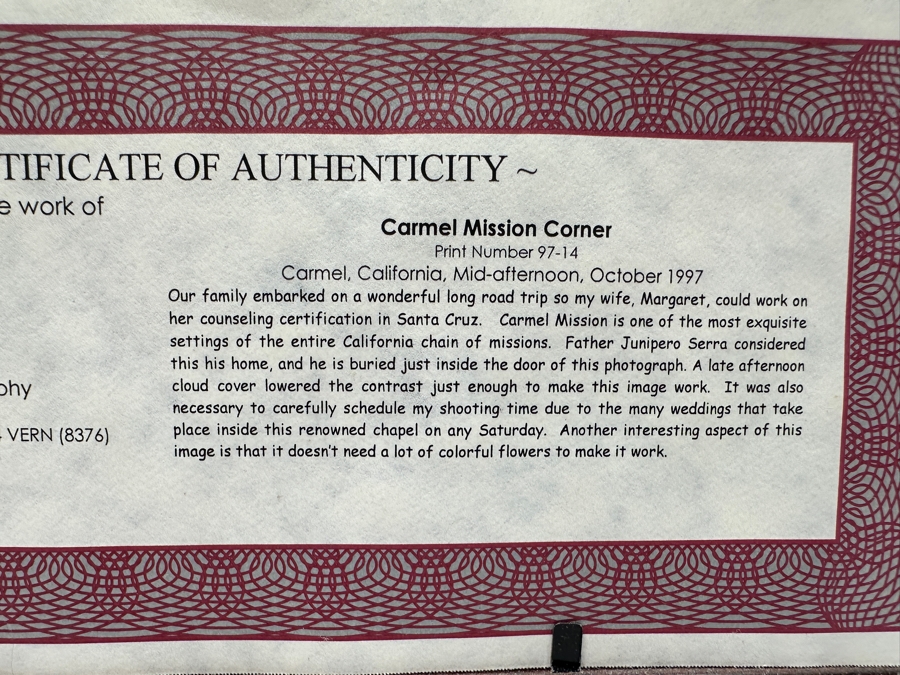 Vern Clevenger Handcrafted Limited Edition Photograph Titled 'Carmel Mission Corner' Numbered 23 Of 500 16 X 12 Framed 29.5 X 25.5 Artist Signed Lower Right [Photo 13]