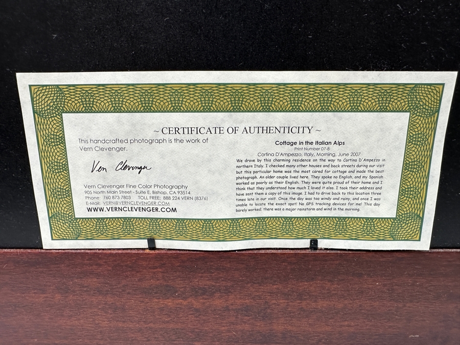 Vern Clevenger Handcrafted Limited Edition Photograph Titled 'Cottage In The Italian Alps' Numbered 2 Of 500 16 X 12 Framed 29.5 X 25.5 Artist Signed Lower Right [Photo 8]