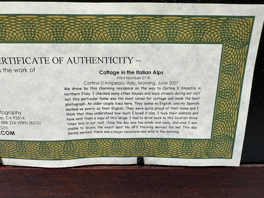 Vern Clevenger Handcrafted Limited Edition Photograph Titled 'Cottage In The Italian Alps' Numbered 2 Of 500 16 X 12 Framed 29.5 X 25.5 Artist Signed Lower Right [Photo 10]