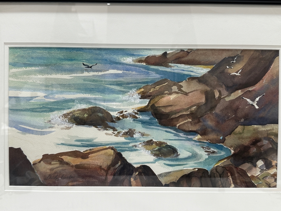 Shirley Sullivan Original Watercolor Painting On Paper Titled 'Coastal Cove' 18 X 9 Framed 26 X 18 Purchased From The 2008 Coastal Splendor Invitational Art Show & Sale Crystal Cove Alliance