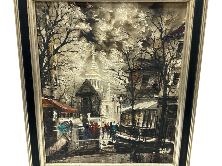 George Behras Original 1969 Parisian Street Scene Oil Painting On Canvas Paris France 18 X 22 Framed 22.5 X 26