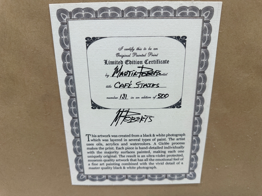 Martin Roberts Original Painted Print Created From A B&W Photograph Titled 'Cafe Stairs' Numbered 131 Of 500 13 X 19 Framed 25 X 31.5 Signed Lower Left [Photo 6]