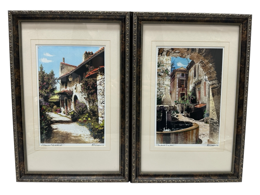 Martin Roberts Pair Of Original Painted Prints Created From B&W Photographs Titled 'French Farmhouse' & 'Provence Fountain' 7.5 X 11 Framed 13 X 19 Signed Lower Right