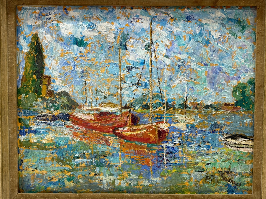 Original French Impressionist Style Painting Of Sailboats On Canvas Signed Lower Right Artist Signature Illegible E. Bu?rkle 20 X 16 Framed 26 X 22