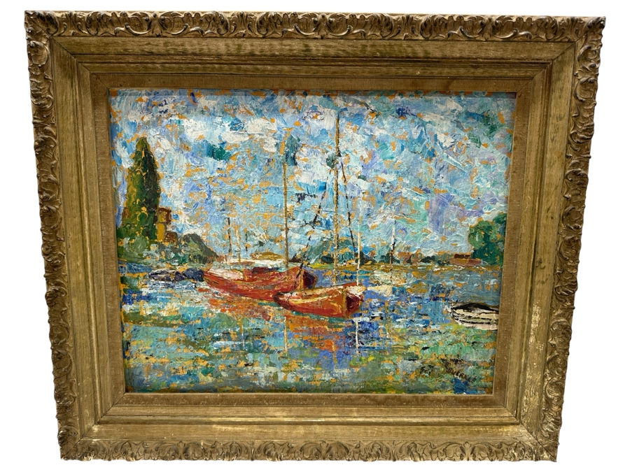 Original French Impressionist Style Painting Of Sailboats On Canvas Signed Lower Right Artist Signature Illegible E. Bu?rkle 20 X 16 Framed 26 X 22 [Photo 2]