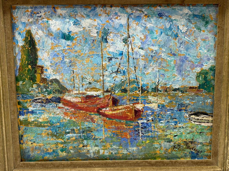 Original French Impressionist Style Painting Of Sailboats On Canvas Signed Lower Right Artist Signature Illegible E. Bu?rkle 20 X 16 Framed 26 X 22 [Photo 3]