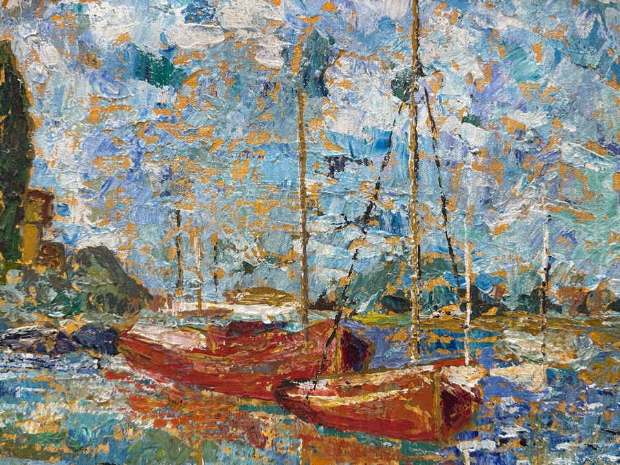 Original French Impressionist Style Painting Of Sailboats On Canvas Signed Lower Right Artist Signature Illegible E. Bu?rkle 20 X 16 Framed 26 X 22 [Photo 5]