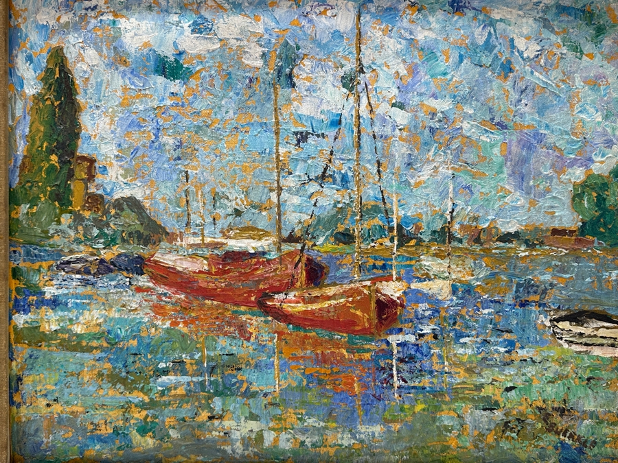Original French Impressionist Style Painting Of Sailboats On Canvas Signed Lower Right Artist Signature Illegible E. Bu?rkle 20 X 16 Framed 26 X 22 [Photo 4]