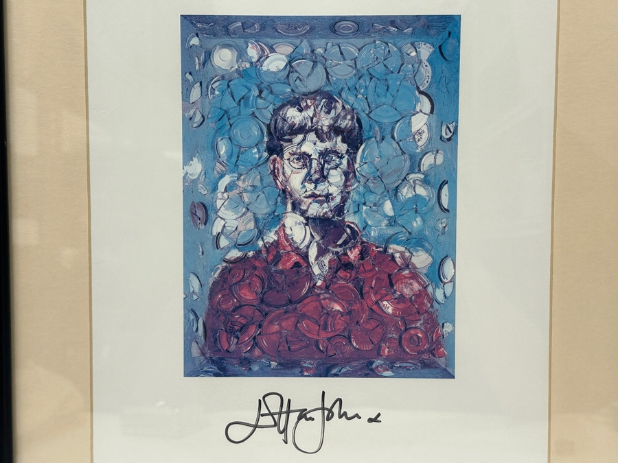 Autographed Elton John Signature In Black Marker Pen At Bottom Of A Print Of Julian Schnabel's 1997 Oil And Plates Painting Of Elton John Used As Cover Artwork For Elton John's Album 'The Big Picture' 6 X 8 Framed 16 X 19