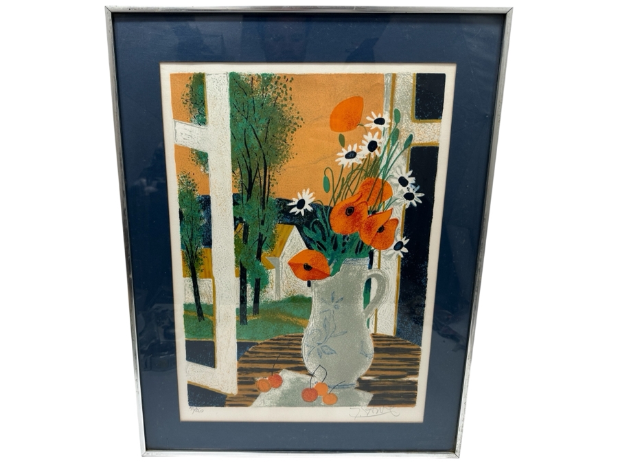 Yves Ganne (B. 1931, French) Hand Signed Lithograph Titled 'Flowers And Fruit In Front Of The Window' Numbered 50 Of 260 16 X 22 Framed 21 X 27.5 [Photo 2]