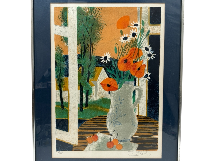 Yves Ganne (B. 1931, French) Hand Signed Lithograph Titled 'Flowers And Fruit In Front Of The Window' Numbered 50 Of 260 16 X 22 Framed 21 X 27.5