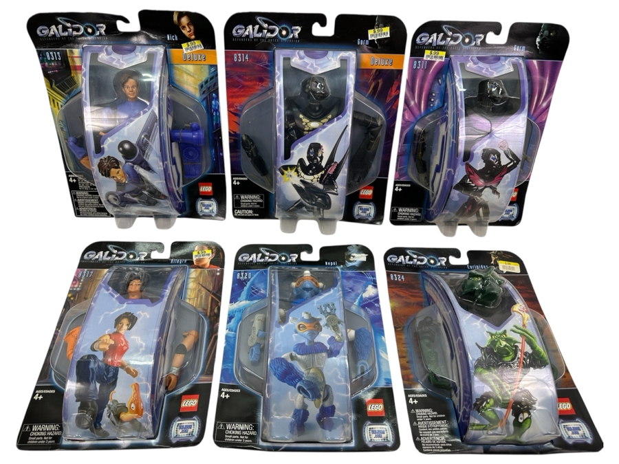 (6) Vintage 2002 LEGO Galidor Action Figures New In Blister Packs: Nick Deluxe, Gorm Deluxe, Gorm, Euripides, Nepol & Allegra