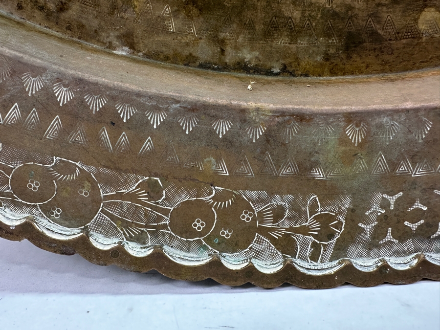 Vintage Hand Etched Brass 30' Round Tray Wall Hanging Made In Hong Kong Weighs 6.8lbs [Photo 2]