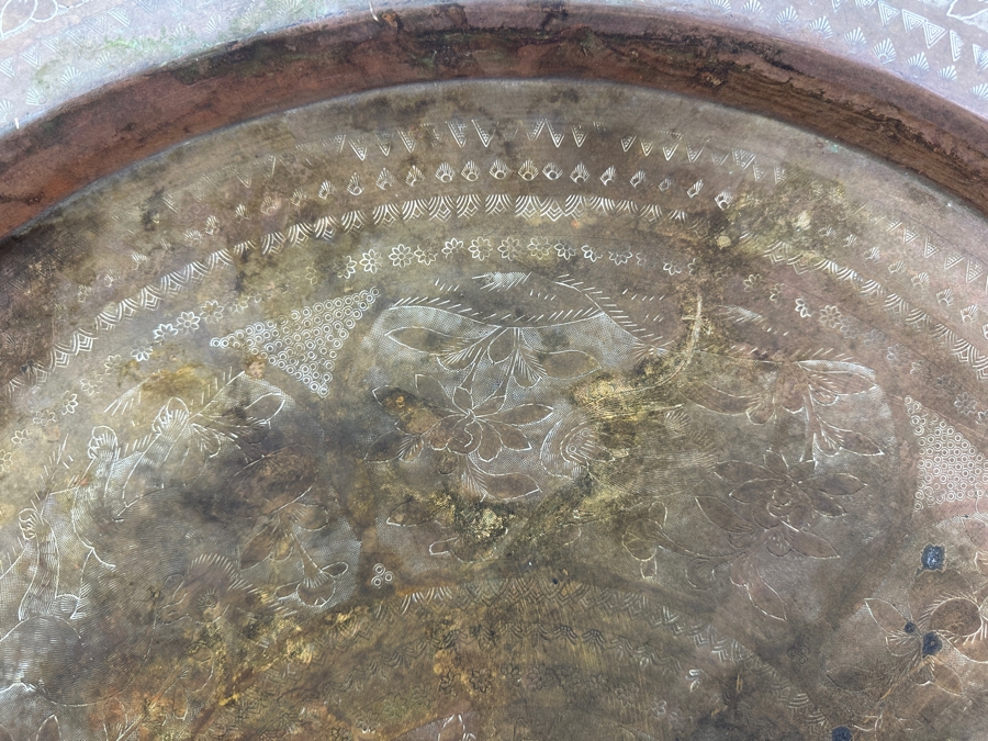 Vintage Hand Etched Brass 30' Round Tray Wall Hanging Made In Hong Kong Weighs 6.8lbs [Photo 3]