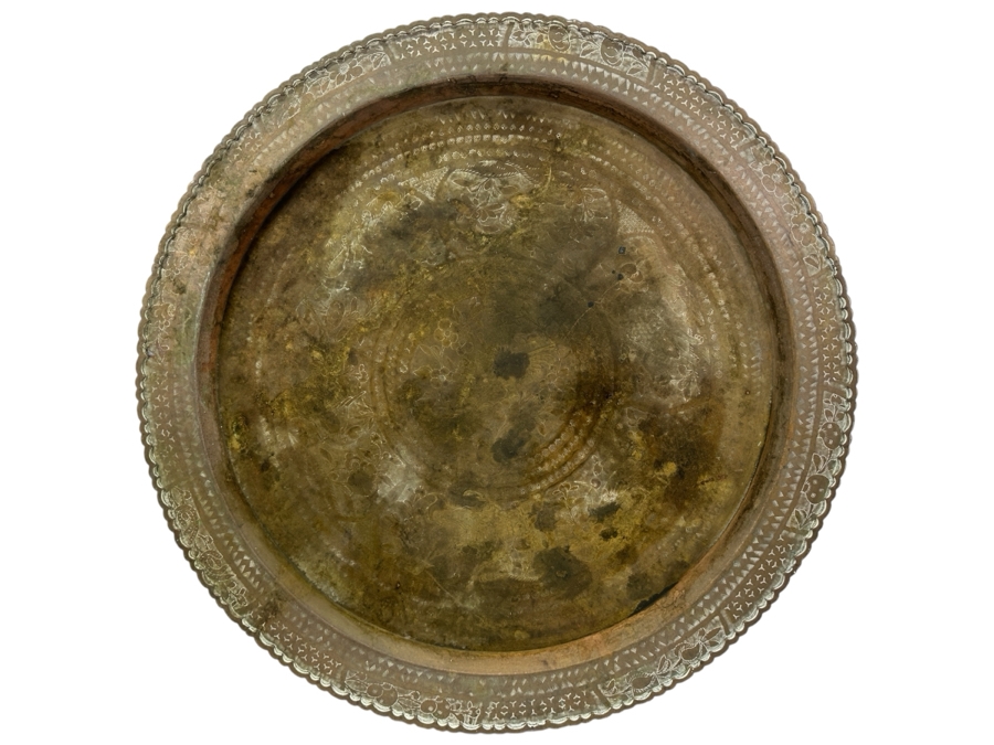 Vintage Hand Etched Brass 30' Round Tray Wall Hanging Made In Hong Kong Weighs 6.8lbs