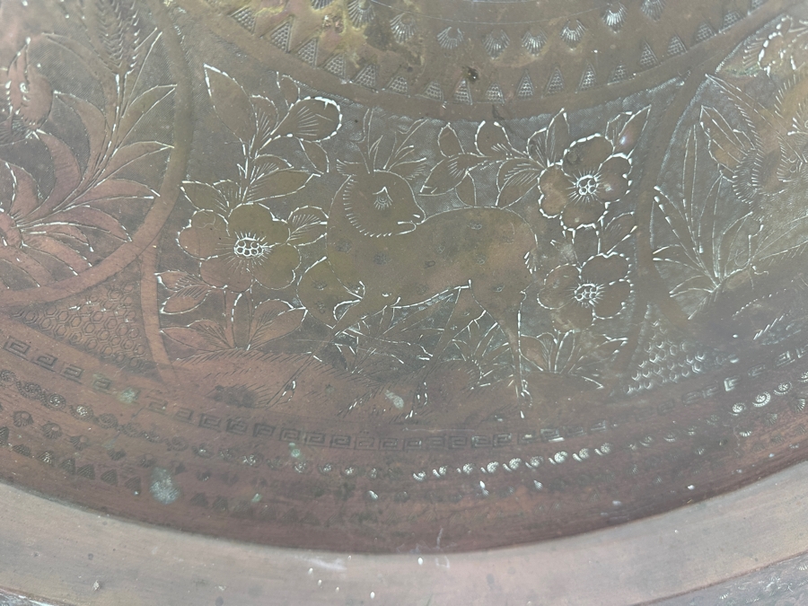 Vintage Hand Etched Brass 32' Round Tray Wall Hanging Made In Hong Kong Weighs 8.6lbs [Photo 3]
