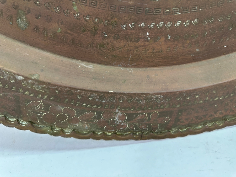 Vintage Hand Etched Brass 32' Round Tray Wall Hanging Made In Hong Kong Weighs 8.6lbs [Photo 4]