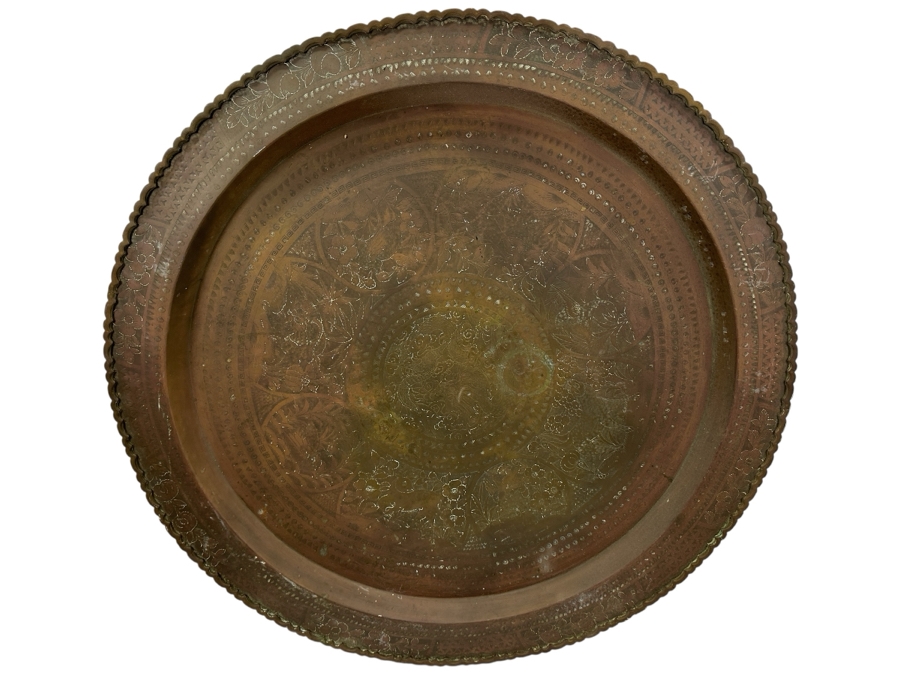 Vintage Hand Etched Brass 32' Round Tray Wall Hanging Made In Hong Kong Weighs 8.6lbs