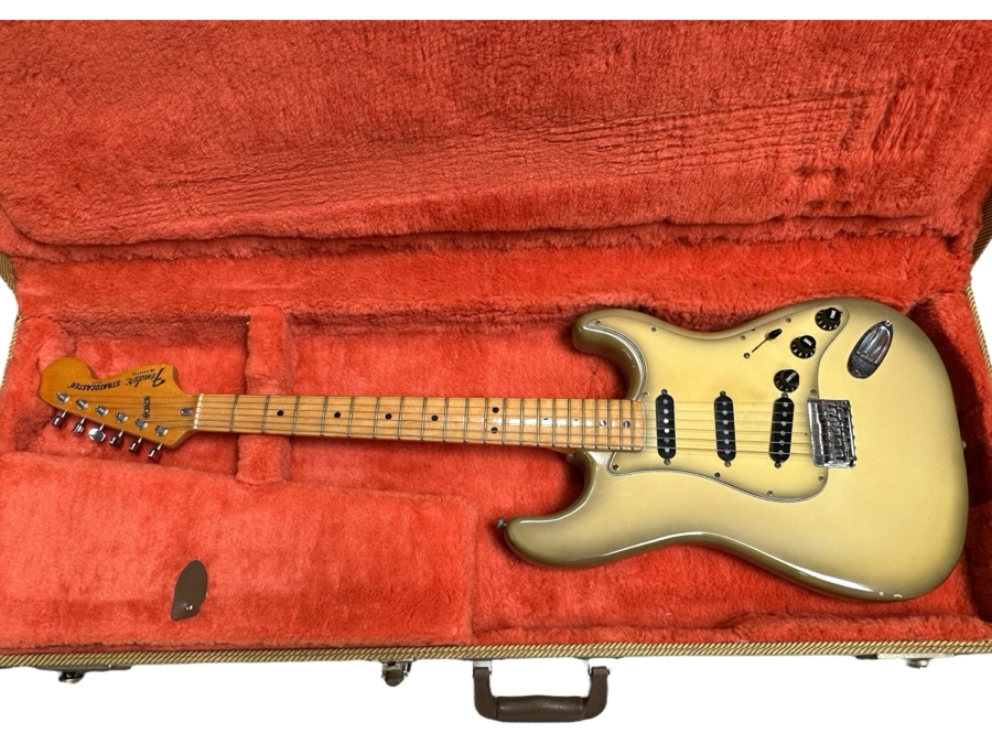 Vintage 1979 Fender Antigua Stratocaster Solid Body Electric Guitar Made In Fullerton, California Factory USA Serial Number S956730 With Fender Tweed Hard Case (Case Has Damaged Latch And Lock) 38.5'L Estimate $3,000-$4,000