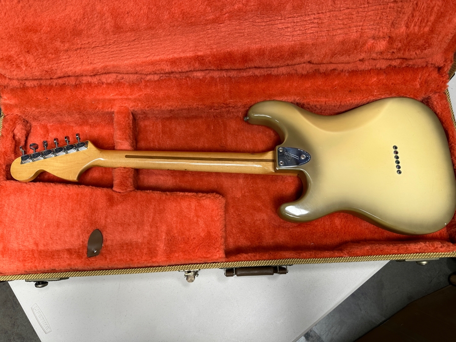 Vintage 1979 Fender Antigua Stratocaster Solid Body Electric Guitar Made In Fullerton, California Factory USA Serial Number S956730 With Fender Tweed Hard Case (Case Has Damaged Latch And Lock) 38.5'L Estimate $3,000-$4,000 [Photo 11]