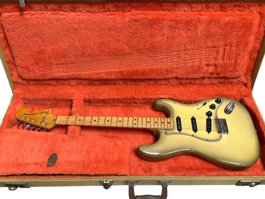 Vintage 1979 Fender Antigua Stratocaster Solid Body Electric Guitar Made In Fullerton, California Factory USA Serial Number S956730 With Fender Tweed Hard Case (Case Has Damaged Latch And Lock) 38.5'L Estimate $3,000-$4,000 [Photo 2]