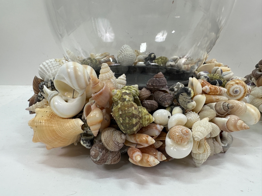 Pair Of Large Pottery Barn Candle Holders With Glass Hurricans And Shell Wreath Base 13H [Photo 6]