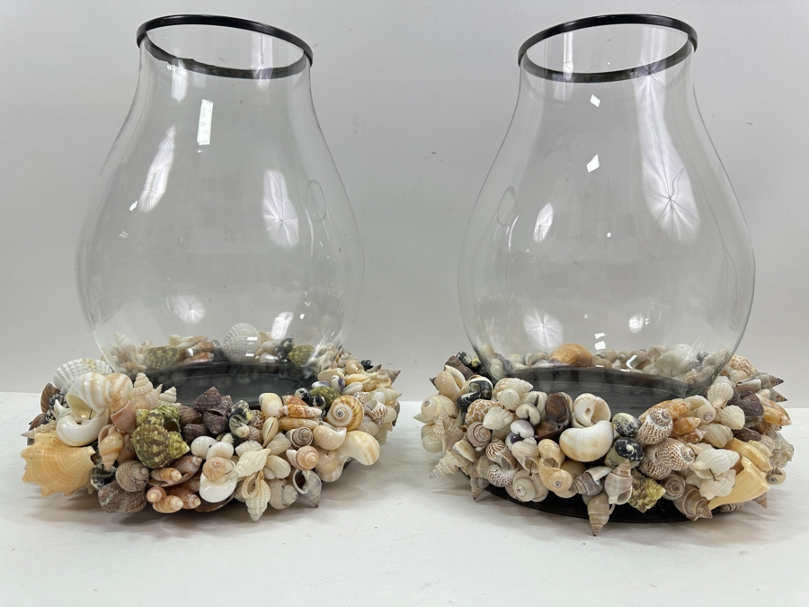 Pair Of Large Pottery Barn Candle Holders With Glass Hurricans And Shell Wreath Base 13H [Photo 3]