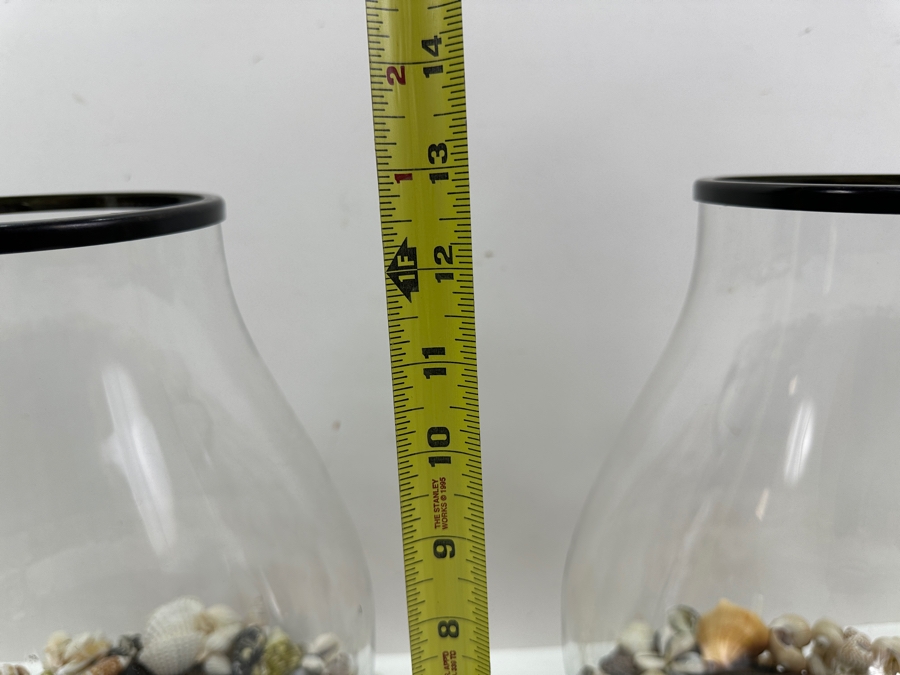 Pair Of Large Pottery Barn Candle Holders With Glass Hurricans And Shell Wreath Base 13H [Photo 8]