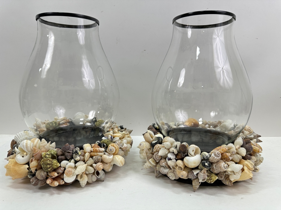 Pair Of Large Pottery Barn Candle Holders With Glass Hurricans And Shell Wreath Base 13H [Photo 2]