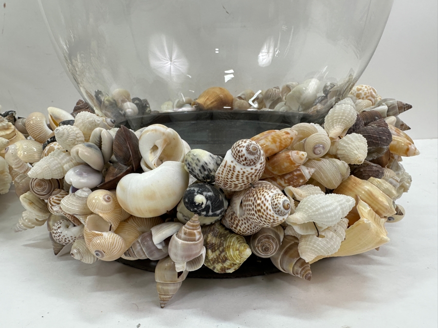 Pair Of Large Pottery Barn Candle Holders With Glass Hurricans And Shell Wreath Base 13H [Photo 5]