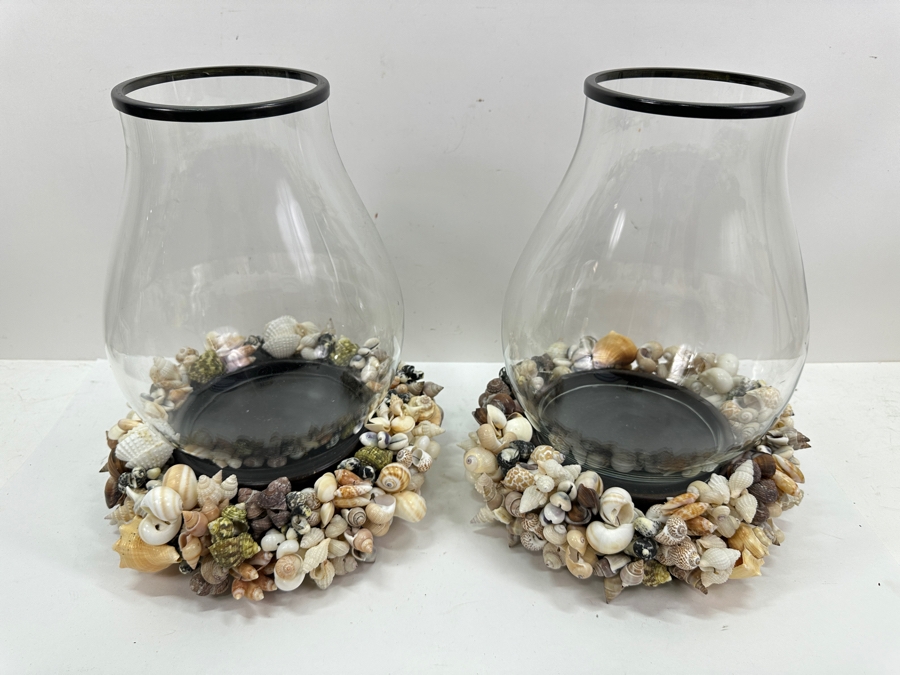 Pair Of Large Pottery Barn Candle Holders With Glass Hurricans And Shell Wreath Base 13H [Photo 4]
