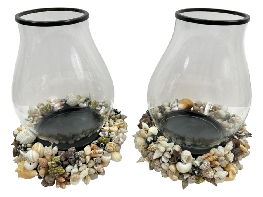 Pair Of Large Pottery Barn Candle Holders With Glass Hurricans And Shell Wreath Base 13H