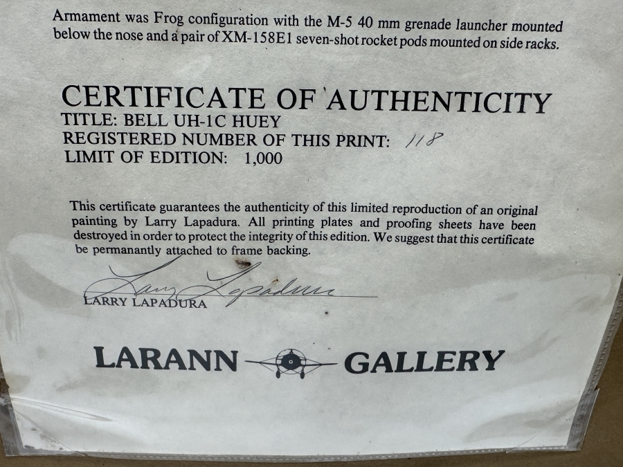 Larry Lapadura Hand Signed Limited Edition 1986 Print Titled 'Bell UH-1C HUEY Of The 174th Assault Helicopter Company SHARKS Gun Platoon 14th Avn. Bn., 1st Avn. Bde. Vietnam, 1971' Numbered 118 Of 1,000 26 X 20 Framed 36 X 30 With COA [Photo 19]