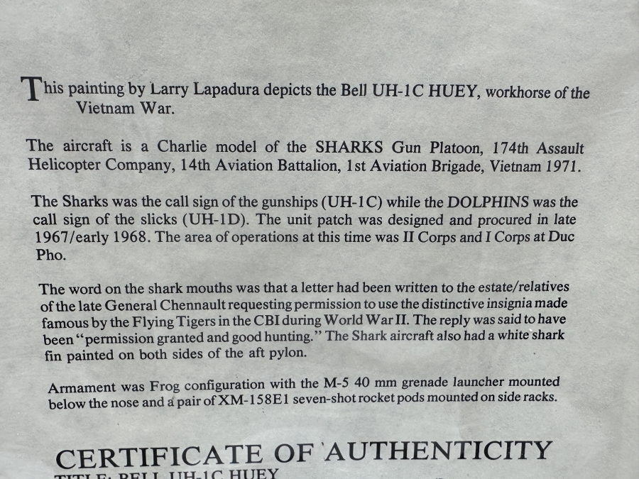 Larry Lapadura Hand Signed Limited Edition 1986 Print Titled 'Bell UH-1C HUEY Of The 174th Assault Helicopter Company SHARKS Gun Platoon 14th Avn. Bn., 1st Avn. Bde. Vietnam, 1971' Numbered 118 Of 1,000 26 X 20 Framed 36 X 30 With COA [Photo 18]