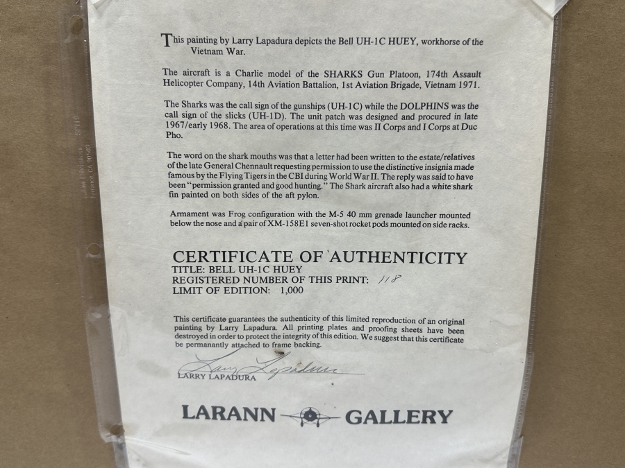 Larry Lapadura Hand Signed Limited Edition 1986 Print Titled 'Bell UH-1C HUEY Of The 174th Assault Helicopter Company SHARKS Gun Platoon 14th Avn. Bn., 1st Avn. Bde. Vietnam, 1971' Numbered 118 Of 1,000 26 X 20 Framed 36 X 30 With COA [Photo 17]