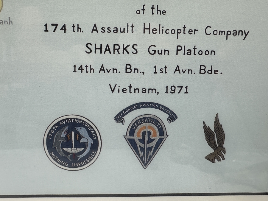Larry Lapadura Hand Signed Limited Edition 1986 Print Titled 'Bell UH-1C HUEY Of The 174th Assault Helicopter Company SHARKS Gun Platoon 14th Avn. Bn., 1st Avn. Bde. Vietnam, 1971' Numbered 118 Of 1,000 26 X 20 Framed 36 X 30 With COA [Photo 8]