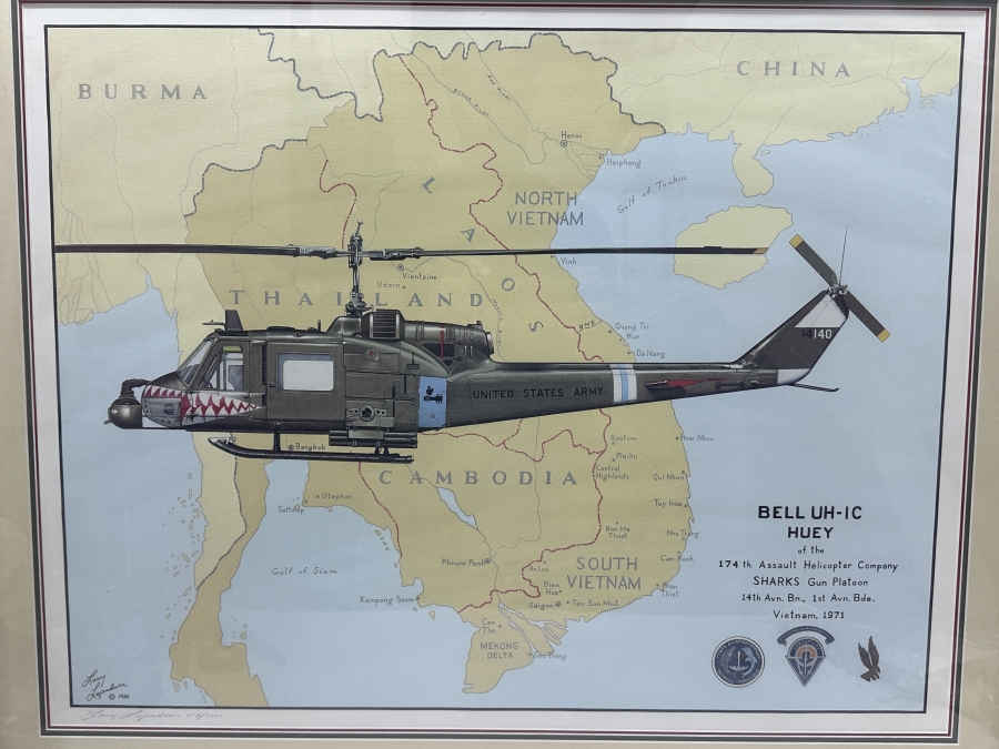 Larry Lapadura Hand Signed Limited Edition 1986 Print Titled 'Bell UH-1C HUEY Of The 174th Assault Helicopter Company SHARKS Gun Platoon 14th Avn. Bn., 1st Avn. Bde. Vietnam, 1971' Numbered 118 Of 1,000 26 X 20 Framed 36 X 30 With COA [Photo 1]