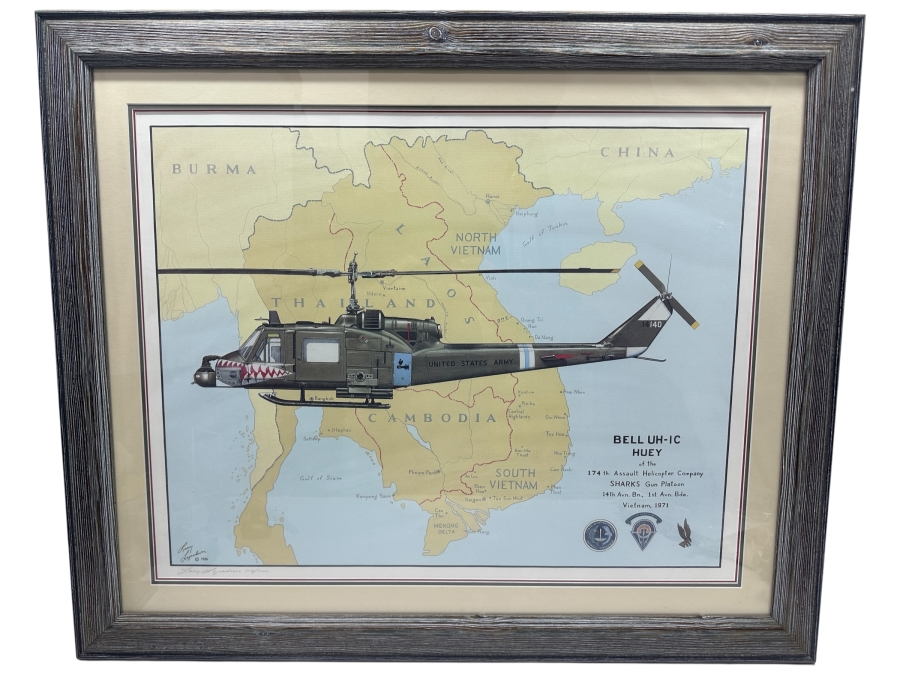 Larry Lapadura Hand Signed Limited Edition 1986 Print Titled 'Bell UH-1C HUEY Of The 174th Assault Helicopter Company SHARKS Gun Platoon 14th Avn. Bn., 1st Avn. Bde. Vietnam, 1971' Numbered 118 Of 1,000 26 X 20 Framed 36 X 30 With COA [Photo 2]