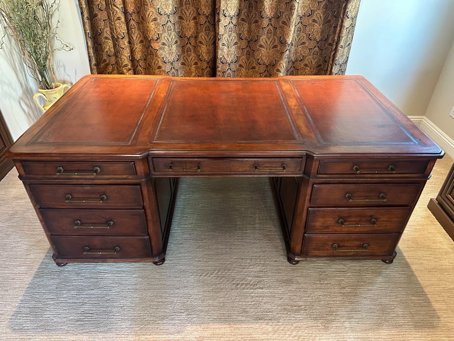 Just Added - Impressive 3-Piece Teak Leather Top Executive Partners Desk 78'W X 44'D X 30'H [Photo 3]