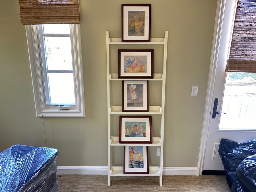 Just Added - White Picture Display Ladder 26'W X 72'H X 5'D With Five Framed Prints 12 X 15