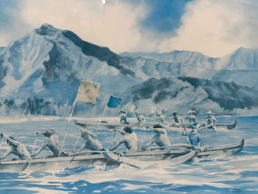 Just Added - Patrice Pendarvis Artist Hand Signed Print Titled 'Hanalei Bay 1990' Hawaiian Outrigger Canoe Race 21 X 15 Framed 30 X 24 [Photo 7]