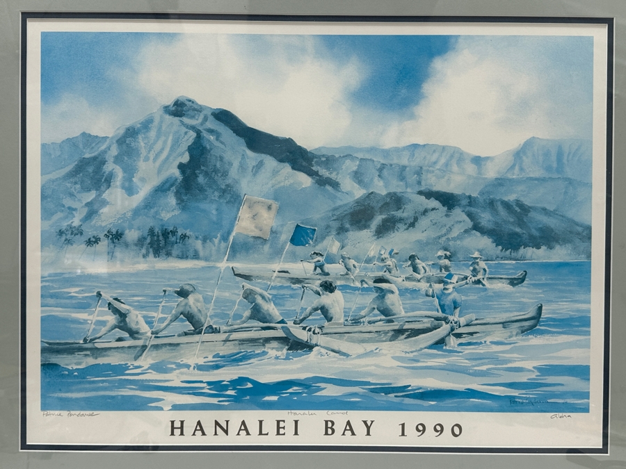 Just Added - Patrice Pendarvis Artist Hand Signed Print Titled 'Hanalei Bay 1990' Hawaiian Outrigger Canoe Race 21 X 15 Framed 30 X 24