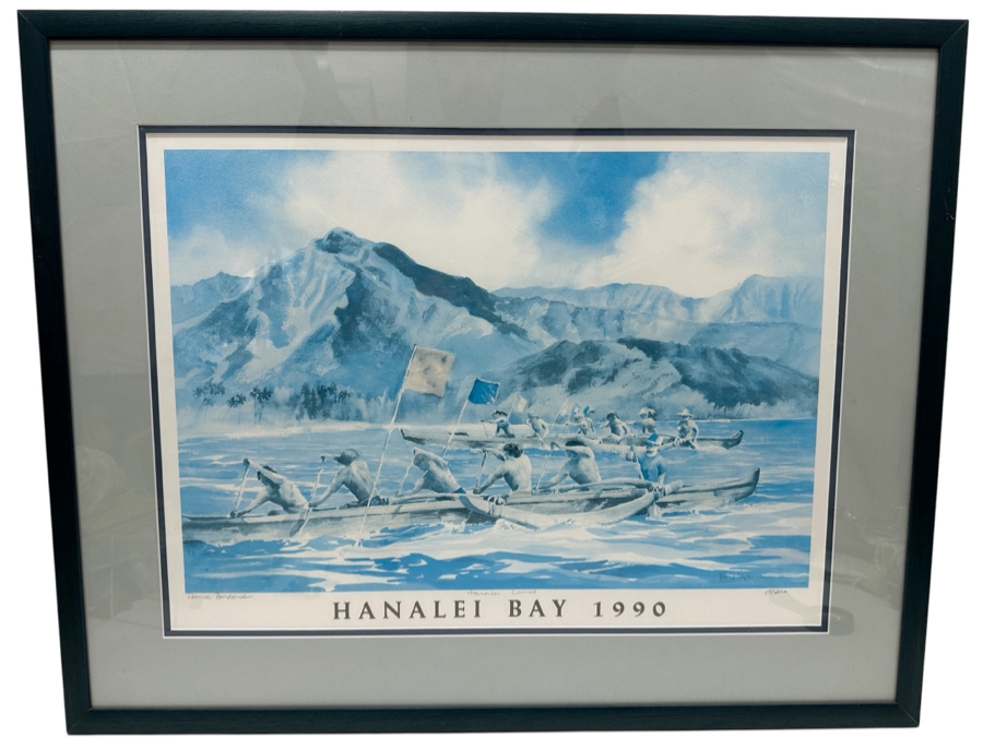 Just Added - Patrice Pendarvis Artist Hand Signed Print Titled 'Hanalei Bay 1990' Hawaiian Outrigger Canoe Race 21 X 15 Framed 30 X 24 [Photo 2]