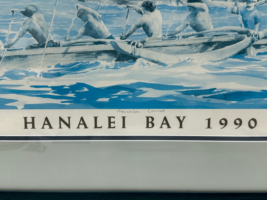 Just Added - Patrice Pendarvis Artist Hand Signed Print Titled 'Hanalei Bay 1990' Hawaiian Outrigger Canoe Race 21 X 15 Framed 30 X 24 [Photo 3]